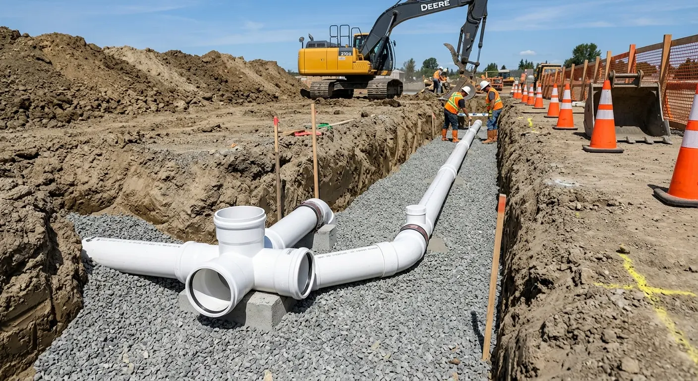 New PVC sewer pipe installation in open trench for Grease Trap Cleaning in Holbrook