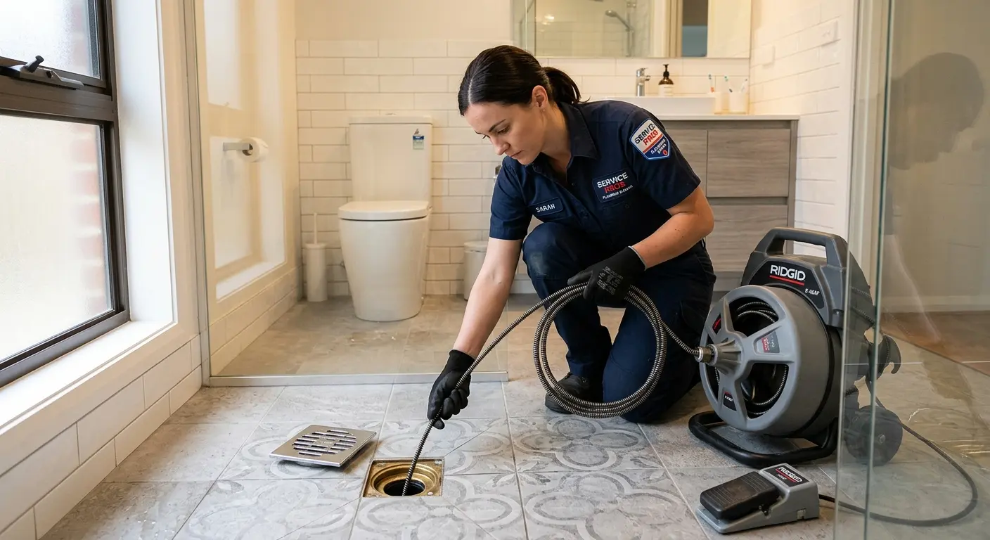 Technician clearing a bathroom floor drain for Hydro Jetting in Holbrook